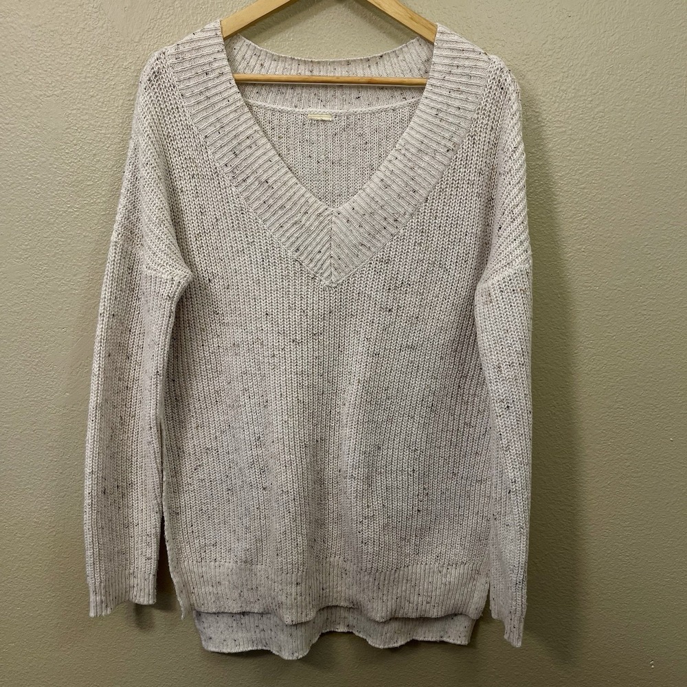Beige Knit Summer Sweater Speckled High Side Slits‎ Beach Resort Minimalist Sz L